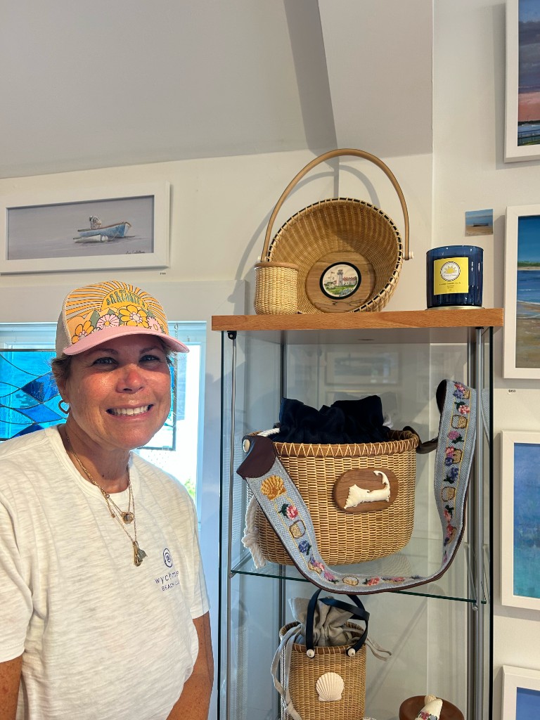 Shoshana with needlepoint straps on Nantucket baskets