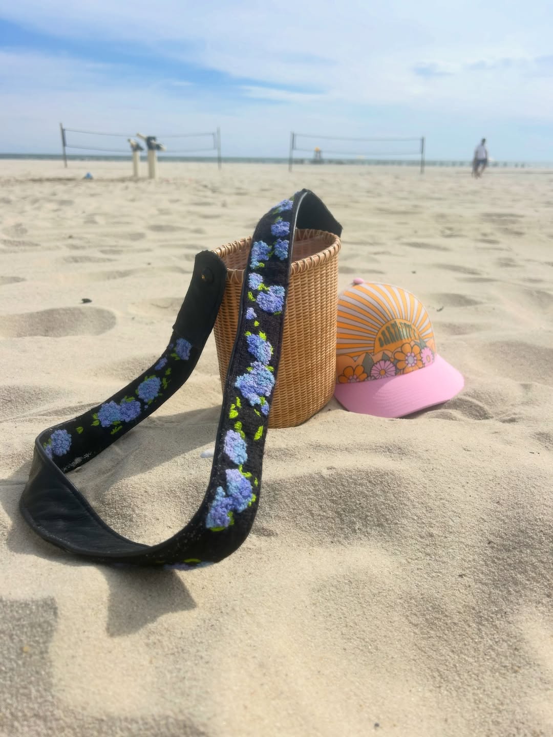 A hydrangea needlepoint strap on a Nantucket basket at the beach